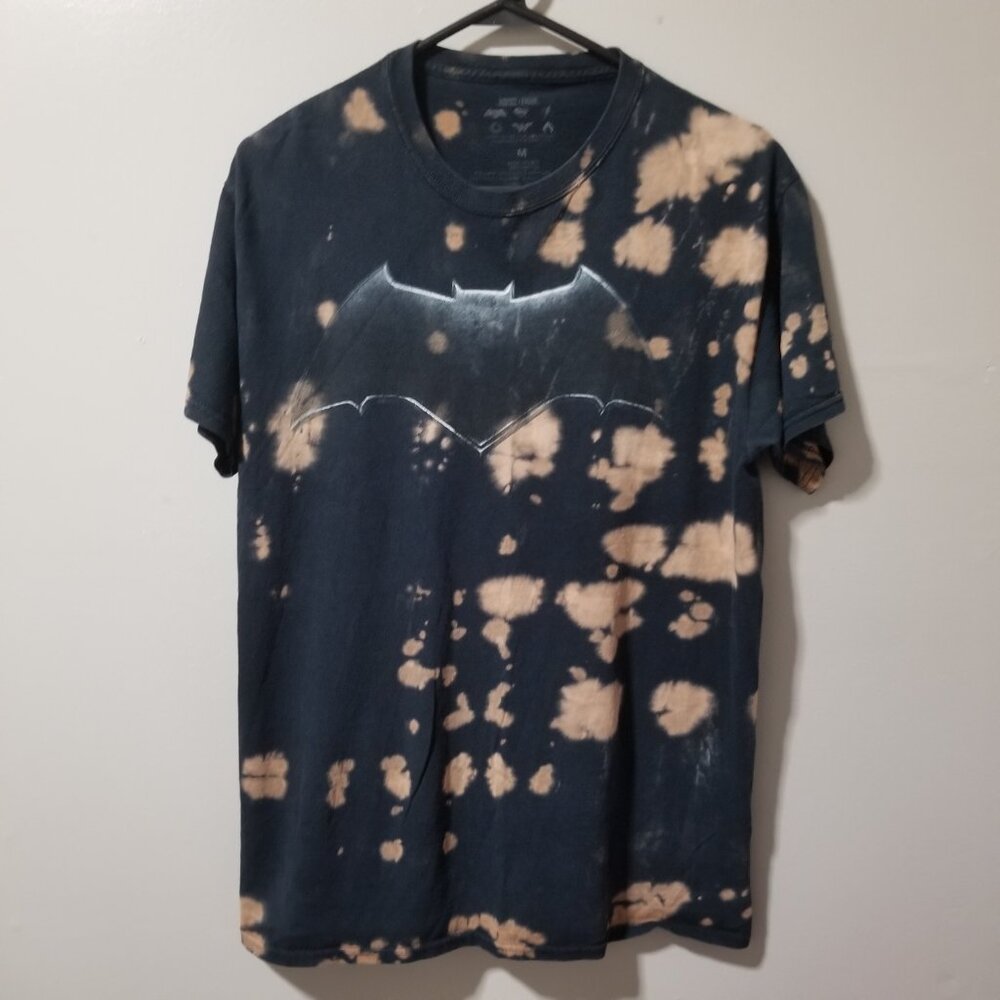 DC Comics Justice League Batman Logo Shirt Black Bleach Dyed Short Sleeve Medium